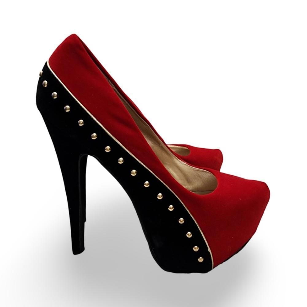 Black/Red/Gold Velvet Studded Stilettos, Women's 6.5